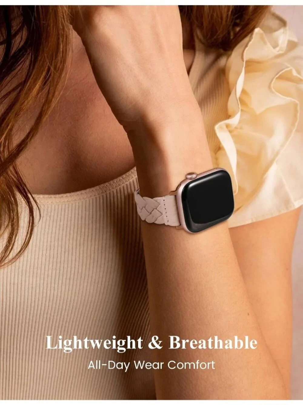 Women's Pink/Rose Gold Braided Leather Strap Compatible with Apple Wrist Watch